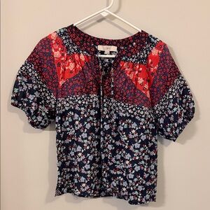 LOFT Women's Patchwork Floral Blouse - Red and Blue